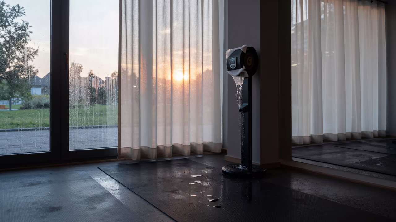 Sweat and Silhouette at Yoga Studio Dawn in inside a yoga studio before the session begins near Cottbus