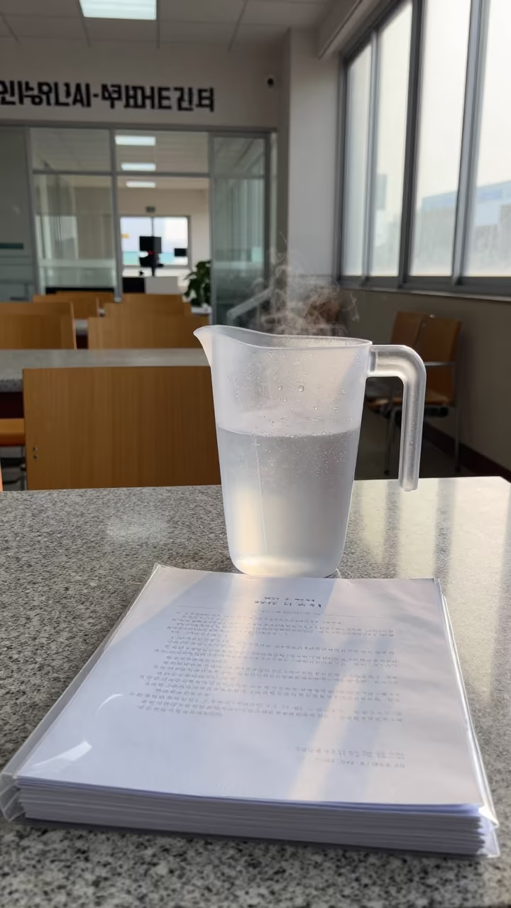 Sweating Pitcher and Hearing Packet in Courthouse Corridor in in a courthouse corridor near Gwangalli, Busan