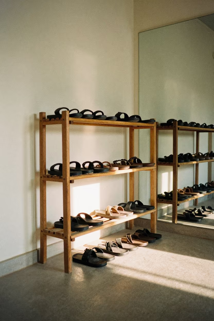 Sweaty Sandal Rack in Yoga Studio Morning in inside a yoga studio before the session begins near Jodhpur