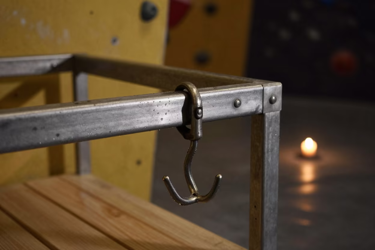 Sweaty Sauna Ladle Hook Rail Delhi Gym Night in inside a climbing gym warmup zone in Delhi