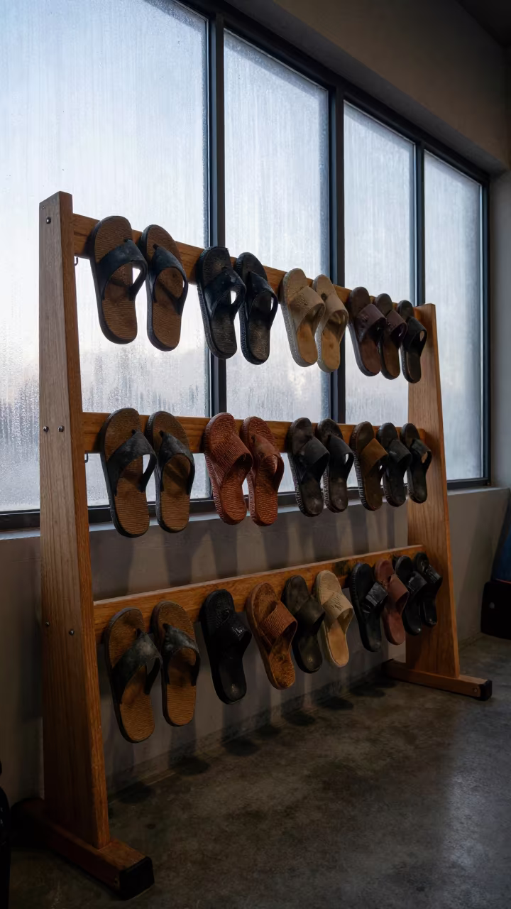 Sweaty Sauna Sandals on Wooden Rack in inside a climbing gym warmup zone in Ikere