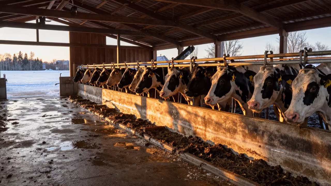 Swedish Barn Milking Parlor Winter Sunset Light in beside a veterinary crush in a barn in Sweden