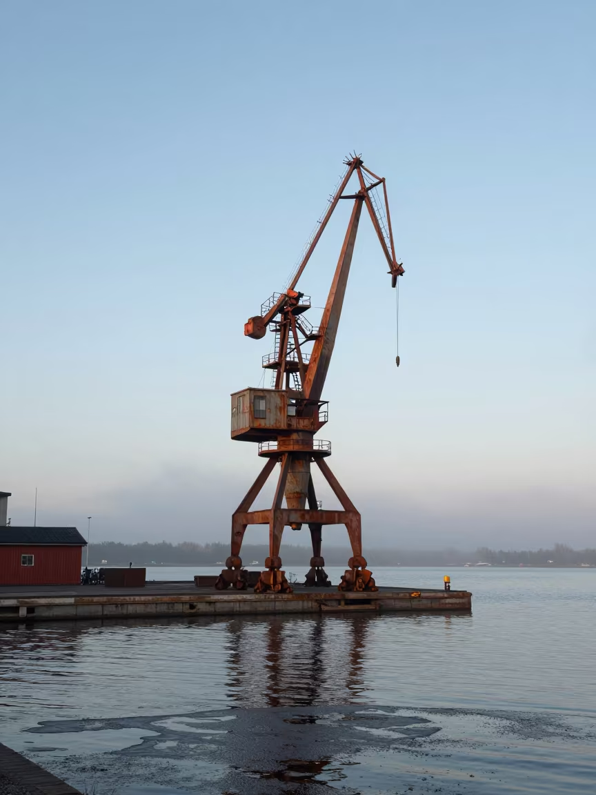 Swedish Harbor Crane in Misty Dawn Thaw in in Sweden