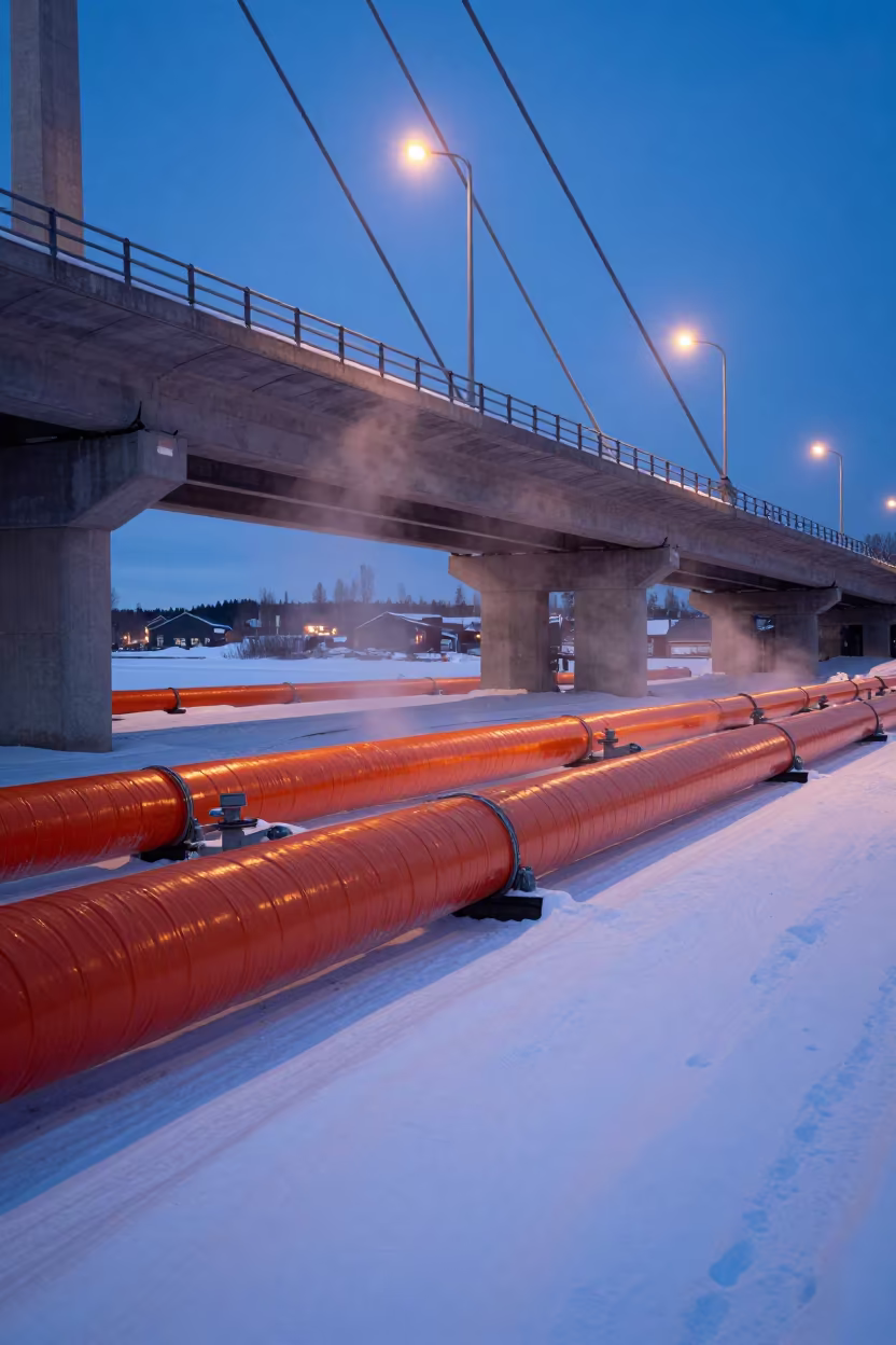 Swedish Heating Pipes Under Bridge at Sunset in under a cable-stayed bridge span in Sweden