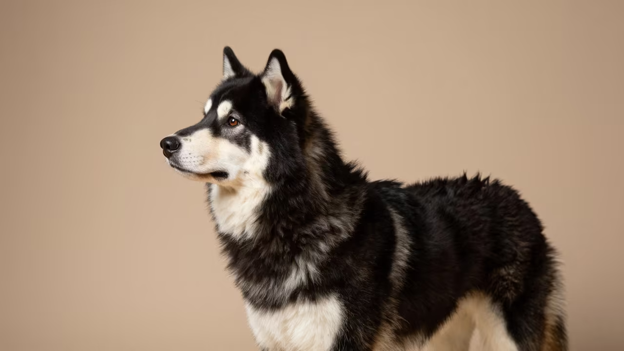 Swedish Lapphund Portrait in Tungsten Studio Light in in a quiet portrait studio with a plain backdrop and eye-level framing in Tucson