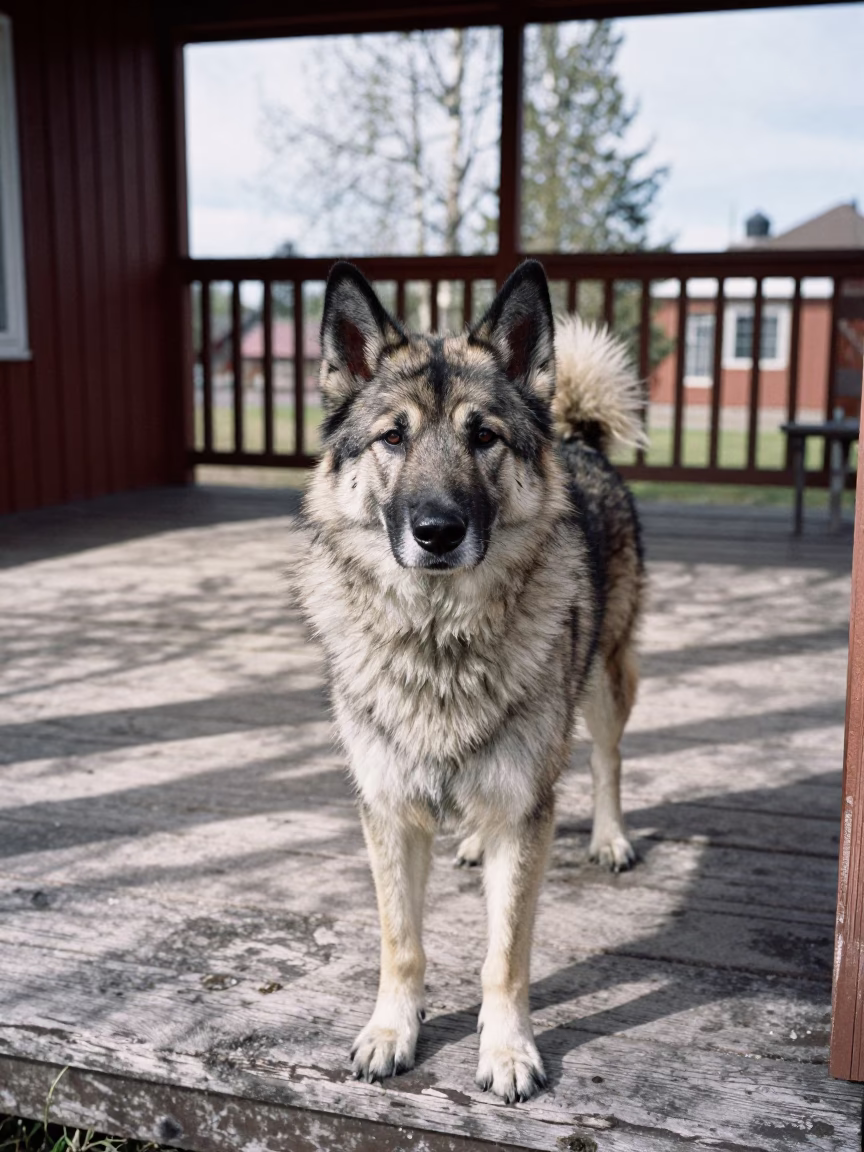 Swedish Lapphund Portrait on Kuopio Porch in on a shaded front porch with boards, railings, and eye-level framing near Kuopio
