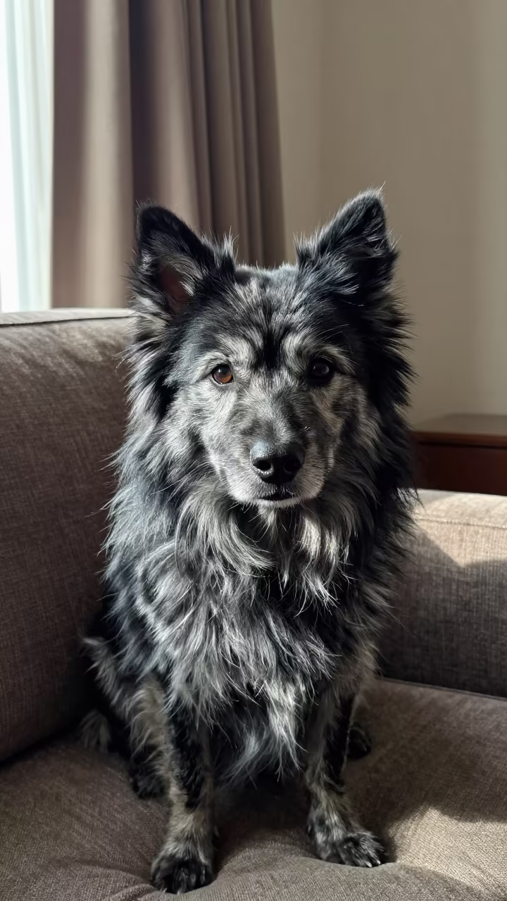 Swedish Lapphund Portrait on Sofa Near Window in on a sofa near a curtained window with calm indoor light in Ndola