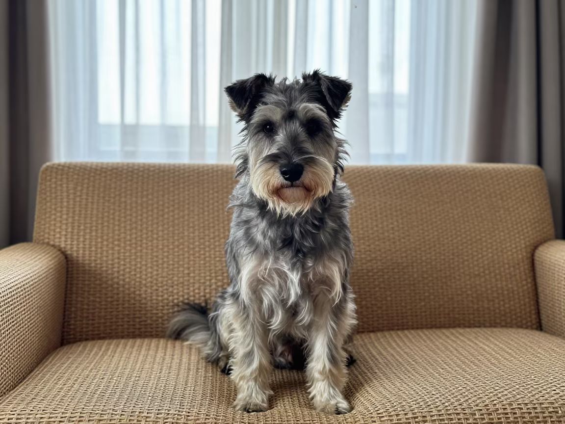 Swedish Lapphund Portrait on Sofa in on a sofa near a curtained window with calm indoor light near Kasur