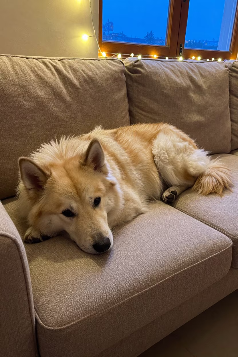 Swedish Lapphund Resting on Linen Sofa in on a linen sofa with daylight from a nearby window in Jabalpur