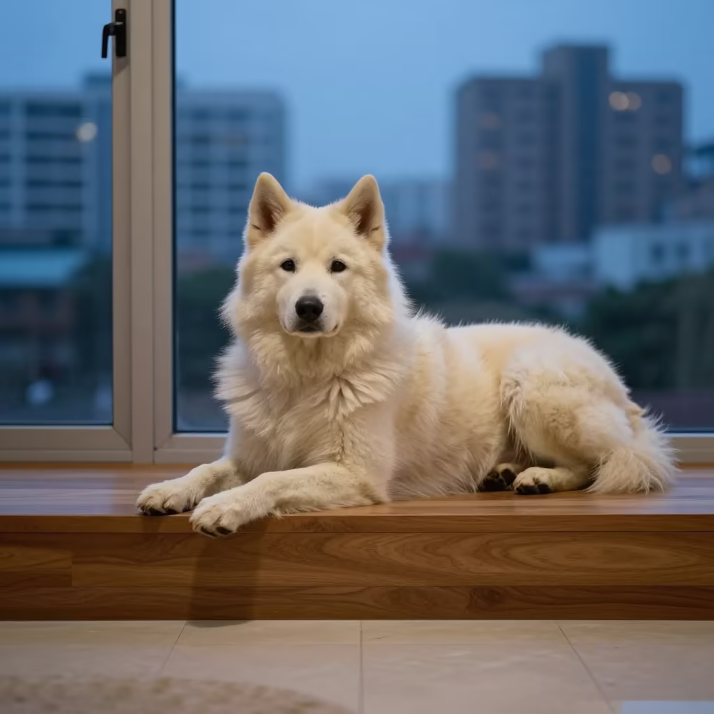 Swedish Lapphund Resting on Window Seat in on a window seat in a quiet apartment with soft side light in Lekki, Lagos
