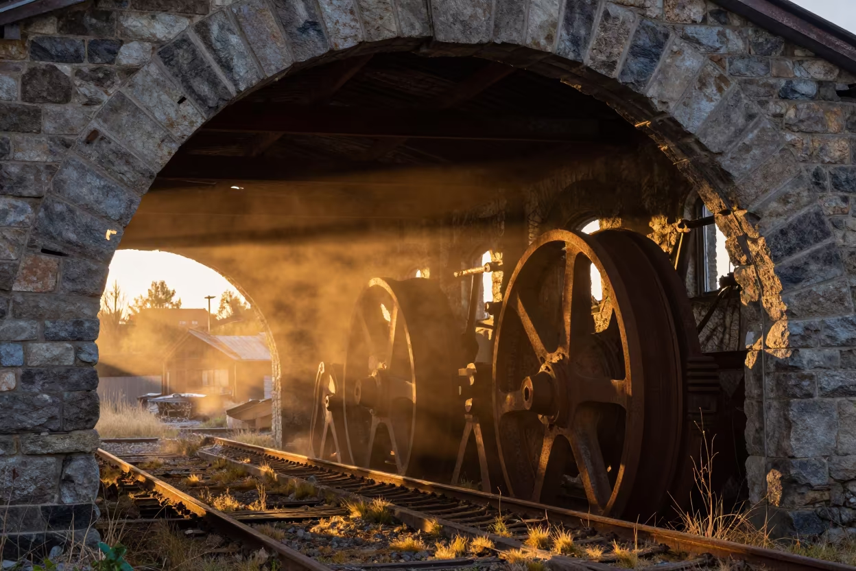 Swedish Roundhouse Ruin Golden Hour Rust in beneath a broken stone arch in Sweden