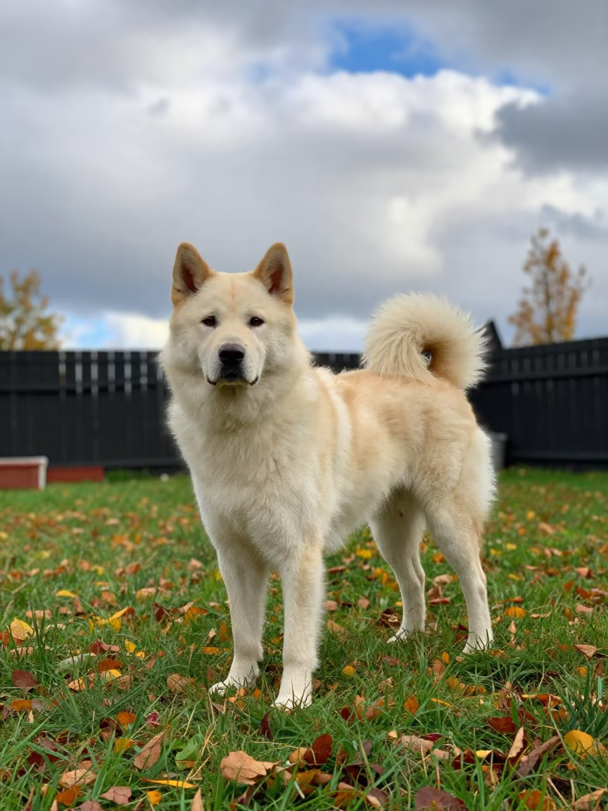 Swedish Vallhund in Autumn Vantaa Yard in in a small yard with clipped grass, calm light, and the animal centered in frame in Vantaa