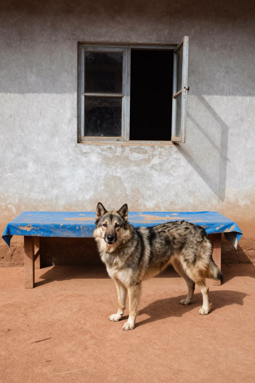 Swedish Vallhund in Ouagadougou Courtyard in beside a plain courtyard wall in clear daylight with the animal at eye level in Ouagadougou