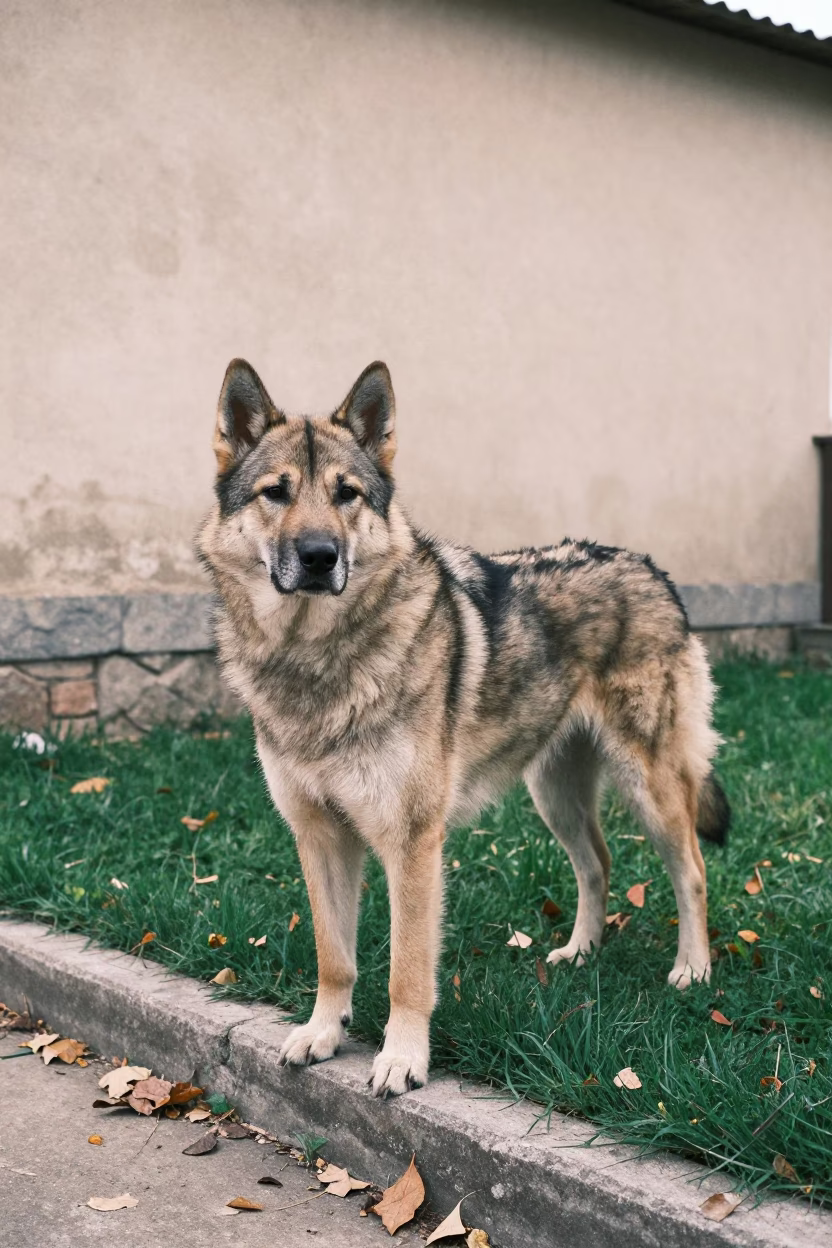 Swedish Vallhund in Zinder Yard in in a small yard with clipped grass, calm light, and the animal centered in frame near Zinder