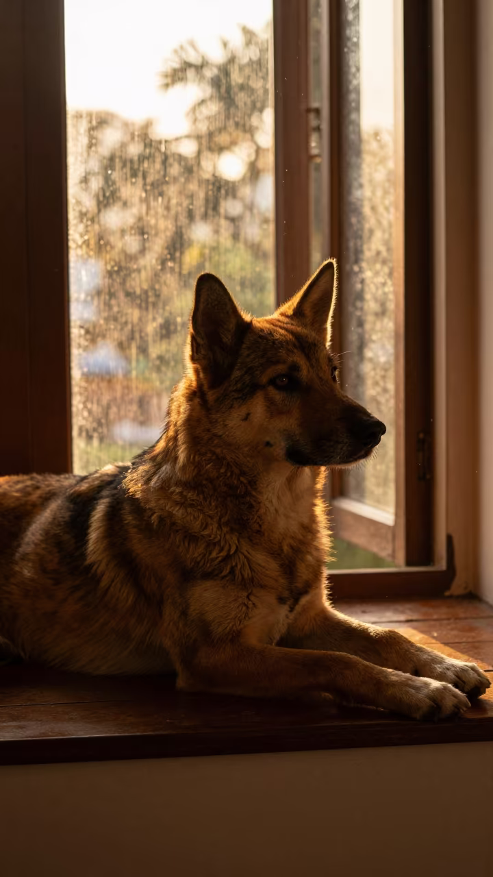 Swedish Vallhund on Window Seat During Monsoon in on a window seat in a quiet apartment with soft side light near Udupi