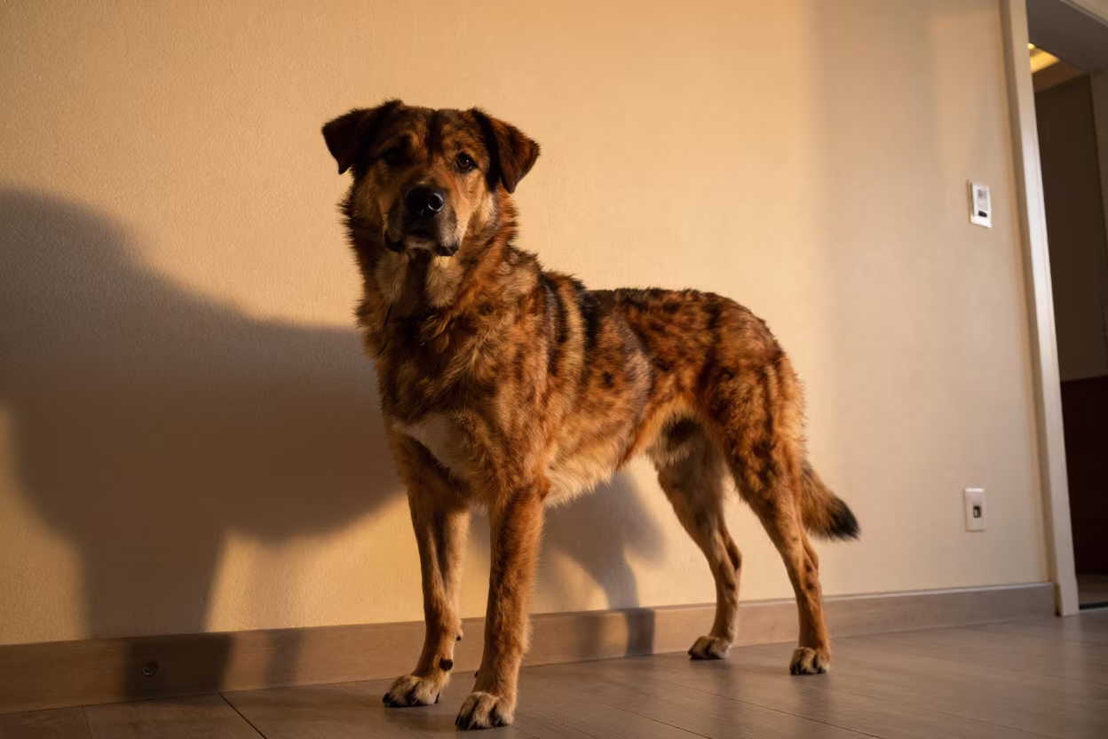 Swedish Vallhund Portrait in Amber Sunset Light in beside a plain plaster wall in soft indoor light with the animal centered in frame in Carrefour