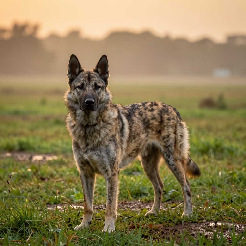 Swedish Vallhund Portrait in Bangalore Monsoon Yard in in a small yard with clipped grass, calm light, and the animal centered in frame near Bangalore