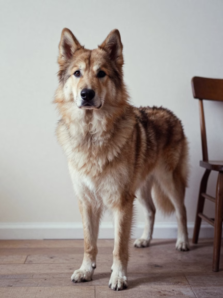 Swedish Vallhund Portrait in Delft Soft Light in beside a plain plaster wall in soft indoor light with the animal centered in frame in Delft