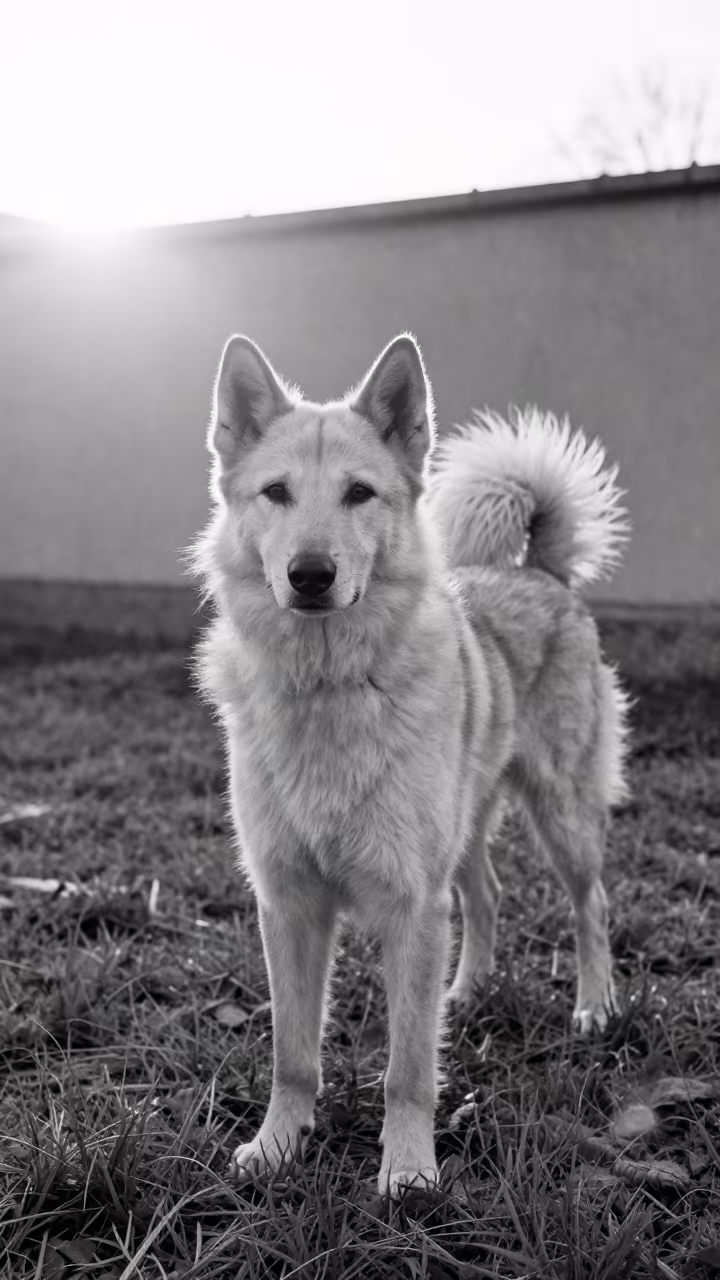 Swedish Vallhund Portrait in Ho Chi Minh Yard in in a small yard with clipped grass, calm light, and the animal centered in frame in Ho Chi Minh City