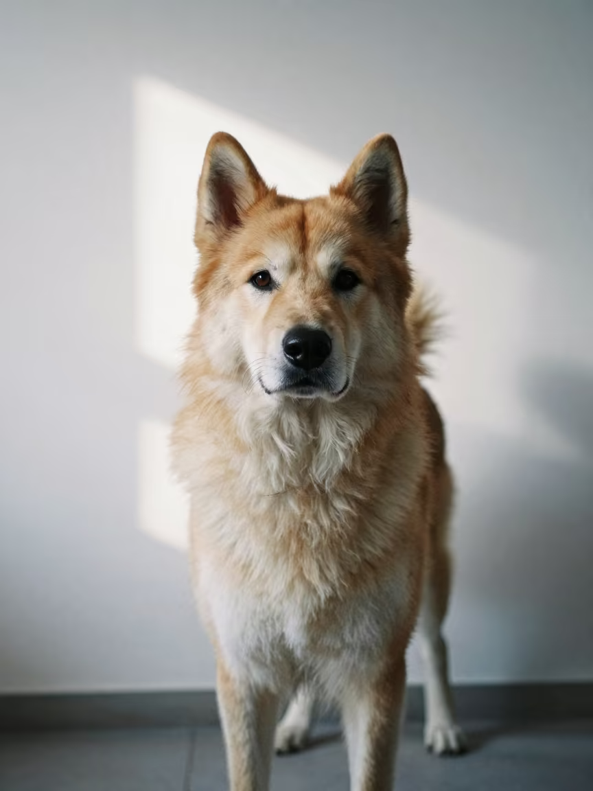 Swedish Vallhund Portrait in Soft Indoor Light in beside a plain plaster wall in soft indoor light with the animal centered in frame in Victoria