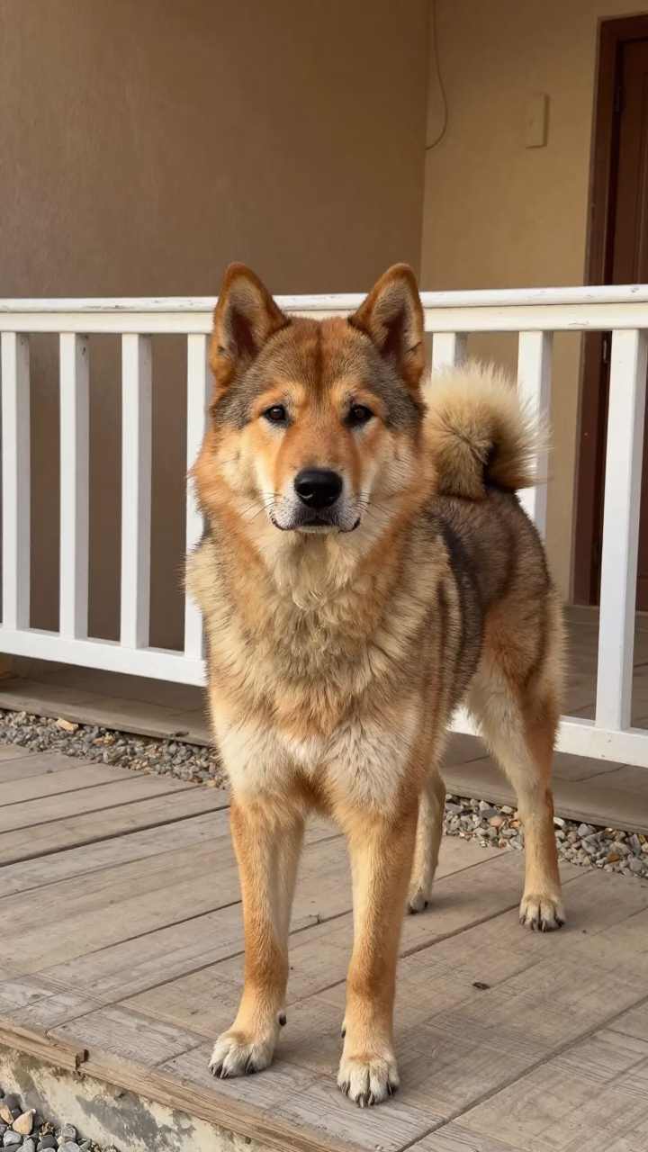 Swedish Vallhund Portrait on Kuwait Porch in on a shaded front porch with boards, railings, and eye-level framing near Kuwait City