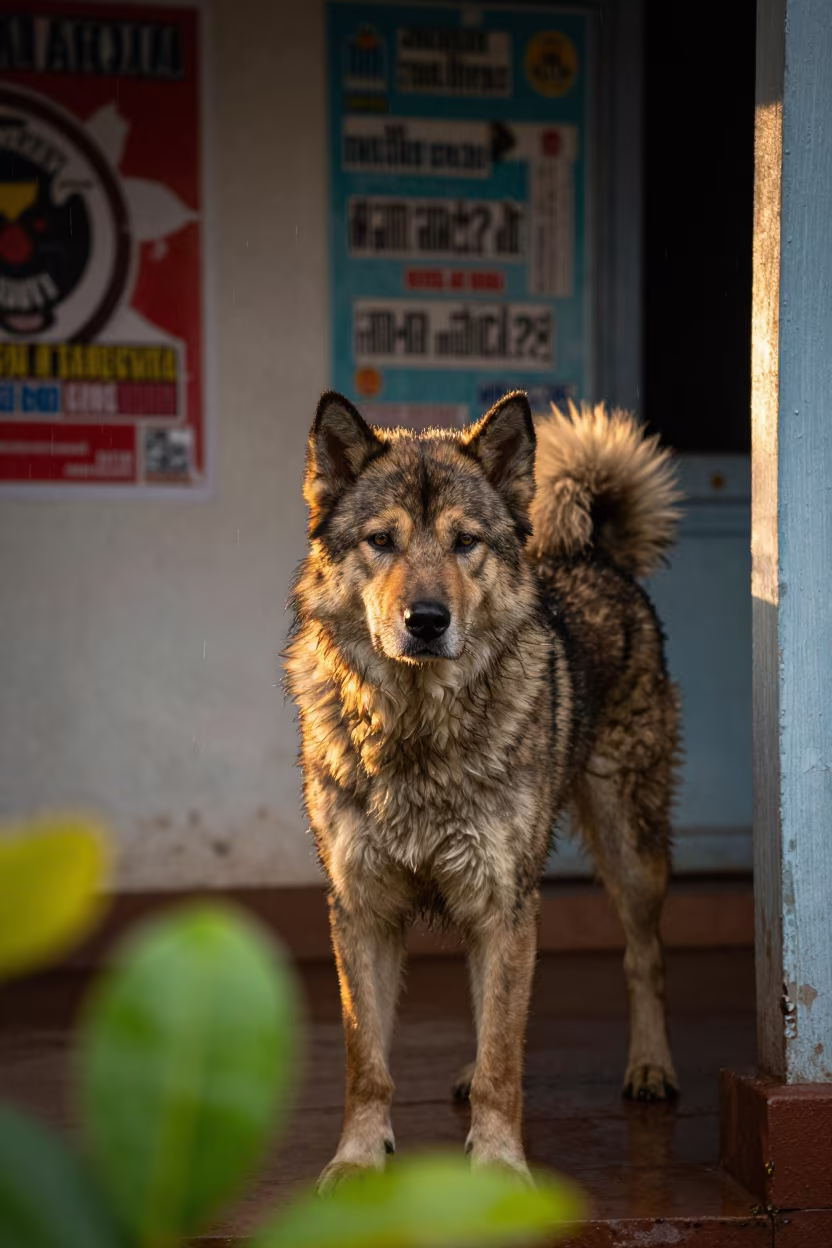 Swedish Vallhund Portrait on Madurai Porch in on a shaded front porch with boards, railings, and eye-level framing near Madurai
