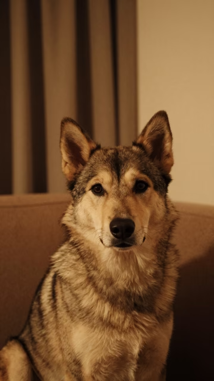 Swedish Vallhund Portrait on Sofa in Aarhus in on a sofa near a curtained window with calm indoor light in Aarhus