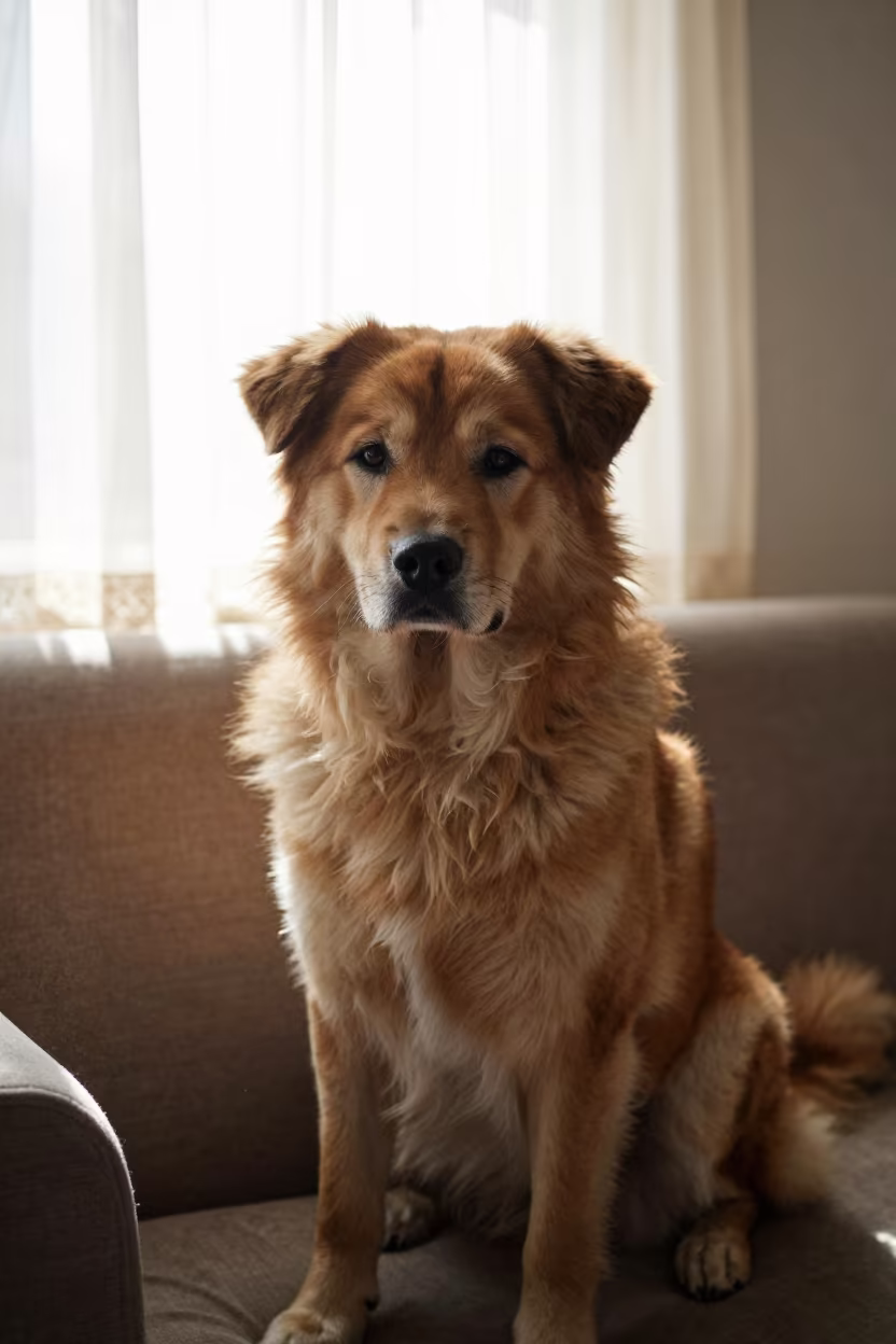 Swedish Vallhund Portrait on Sofa in Multan Home in on a sofa near a curtained window with calm indoor light in Multan