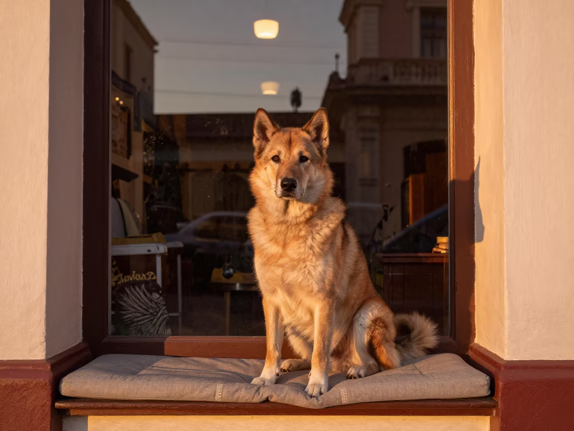 Swedish Vallhund Portrait on Window Seat in on a cushioned window seat with soft side light and an uncluttered background in Santiago de Cuba