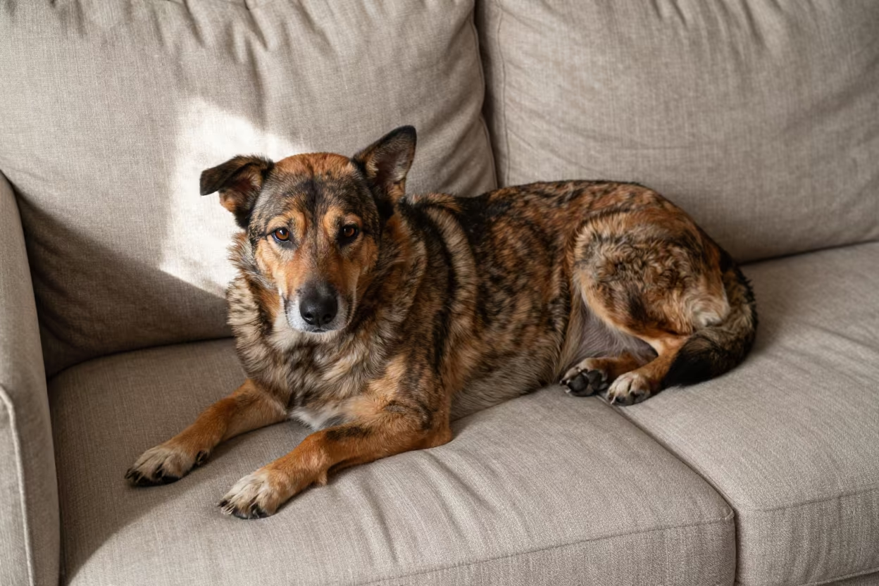 Swedish Vallhund Resting on Linen Sofa in on a linen sofa with daylight from a nearby window near Edfu