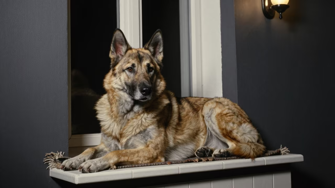 Swedish Vallhund Resting on Window Seat Night in on a window seat in a quiet apartment with soft side light in Edirne