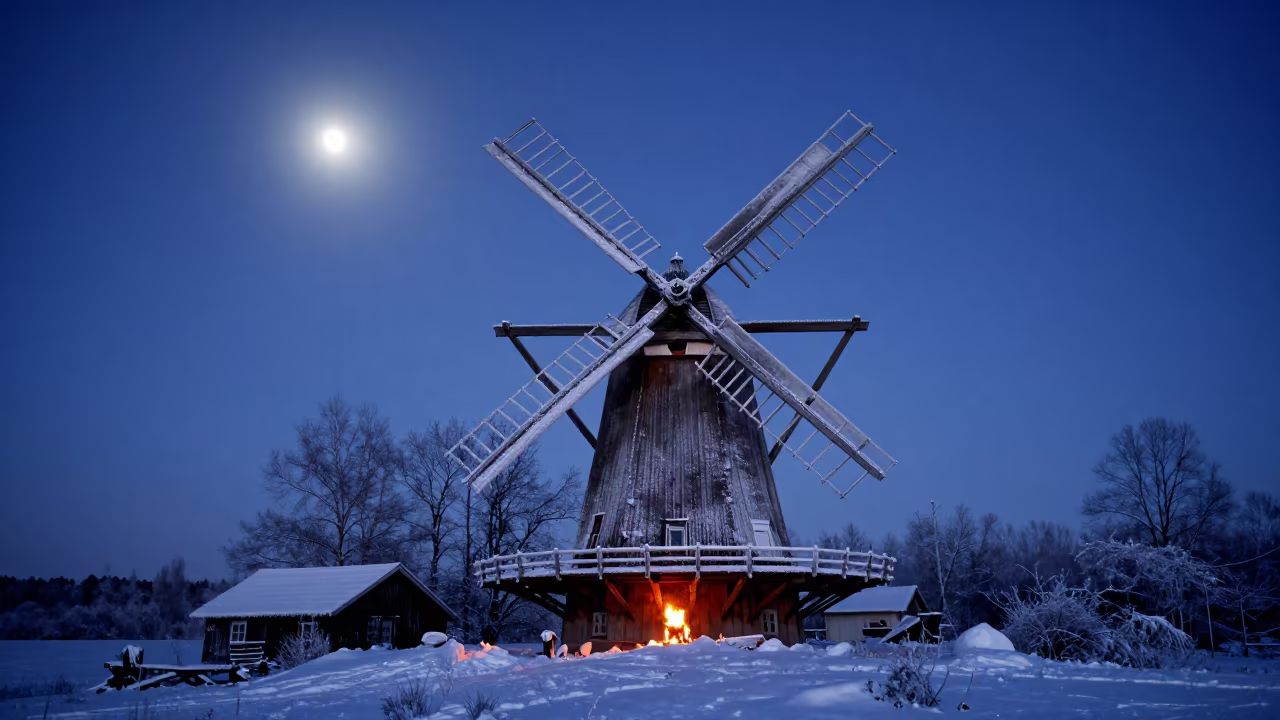 Swedish Windmill Frozen Sails Under Full Moon in under the clearest stretch of sky in Sweden