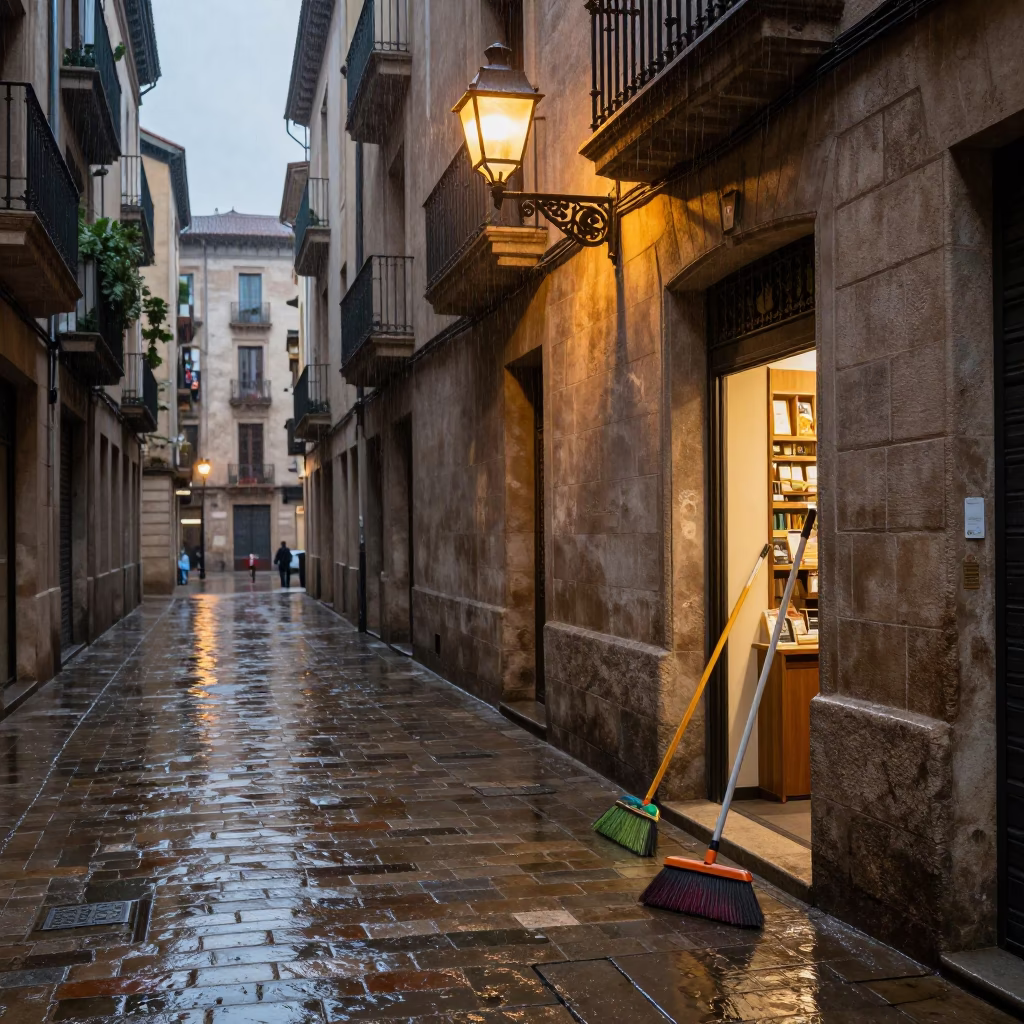 Sweeper at Dusk Light in Barcelona in in Barcelona, Spain