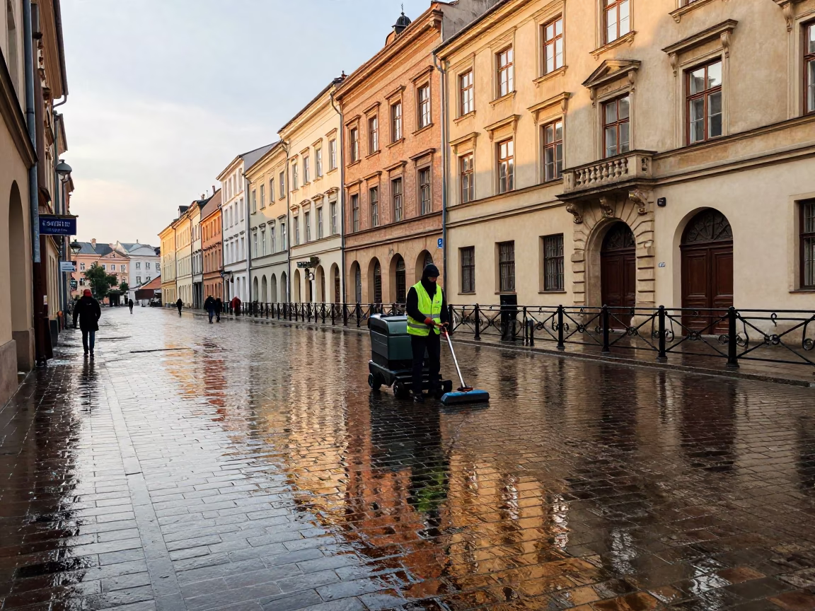 Sweeper in Krakow at First Light in in Krakow, Poland