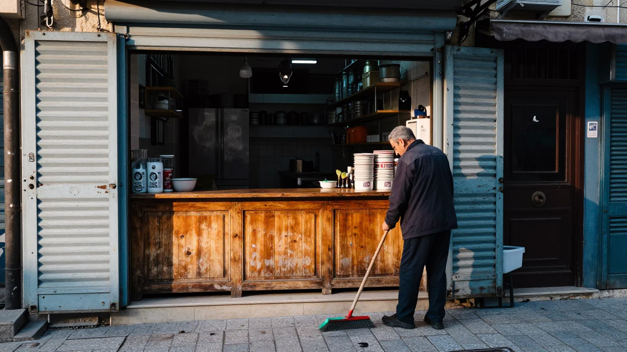 Sweeper Pausing in Beirut in in Beirut, Lebanon
