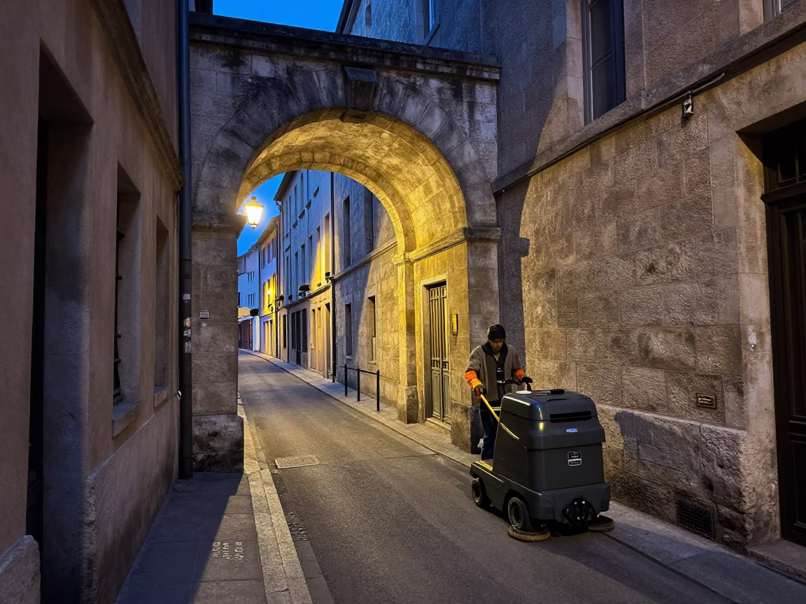 Sweeper Pausing in Lyon in in Lyon, France