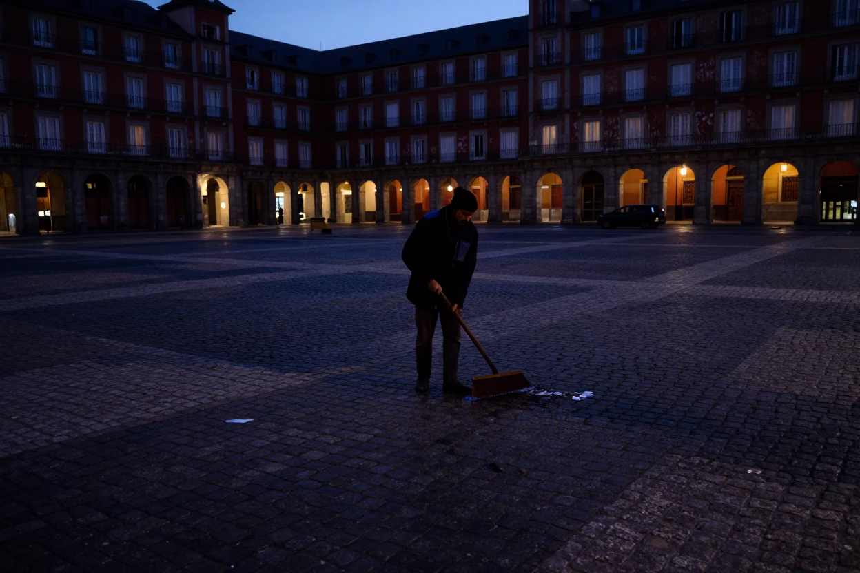 Sweeping Cobblestones in Madrid at The Predawn Darkness Light in in Madrid, Spain