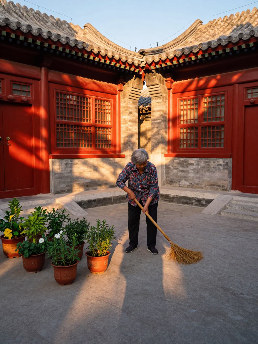 Sweeping Courtyard in Beijing in in Beijing, China