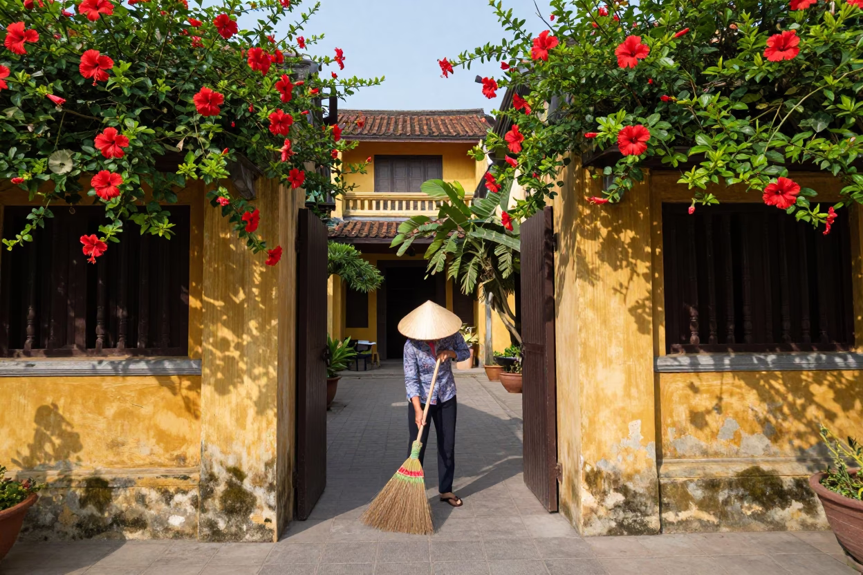 Sweeping Courtyard in Hoi An in in Hoi An, Vietnam