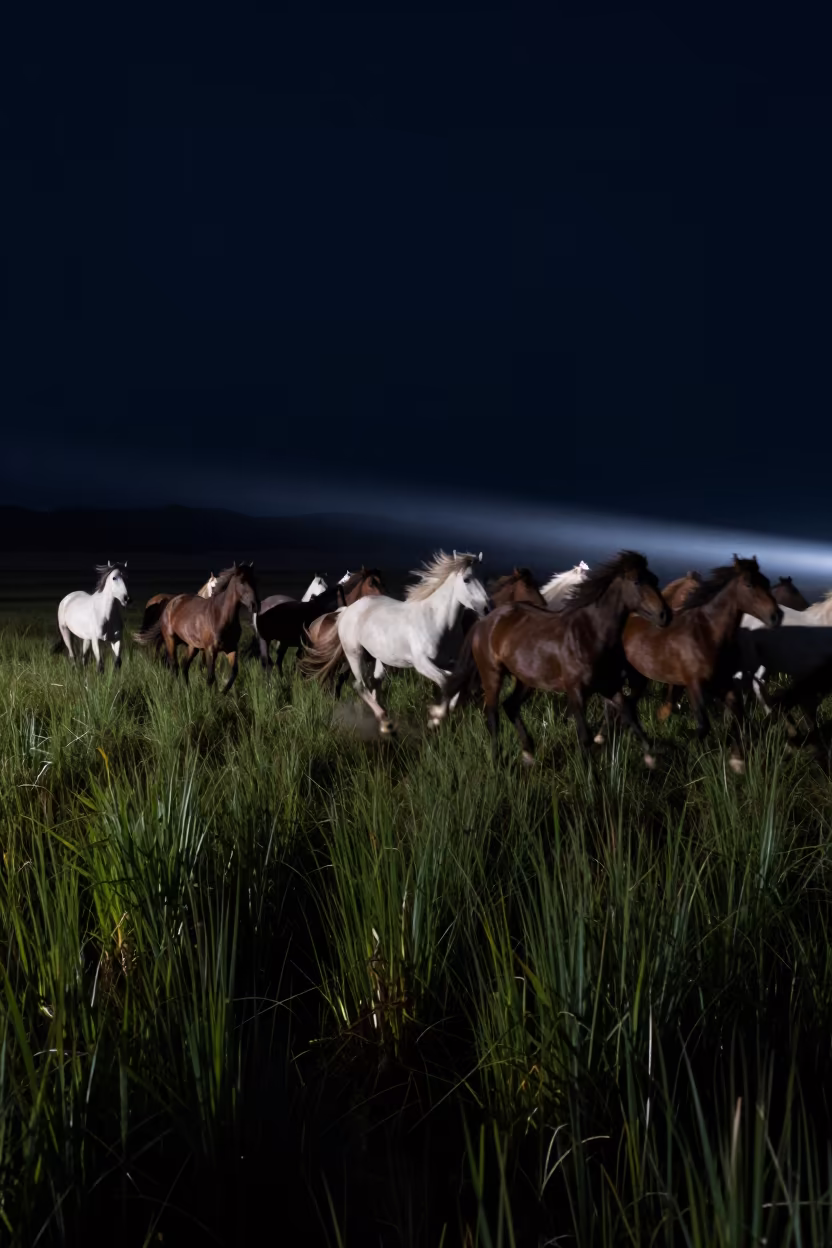 Sweeping Night Light Over Galloping Horses in at the edge of a reed bed in Montana