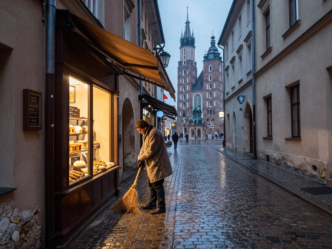 Sweeping Rain in Krakow in in Krakow, Poland