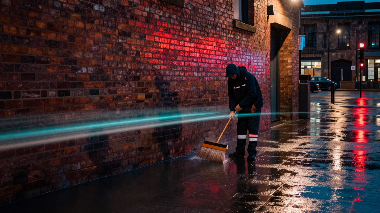 Sweeping Rainwater in Liverpool in in Liverpool, United Kingdom
