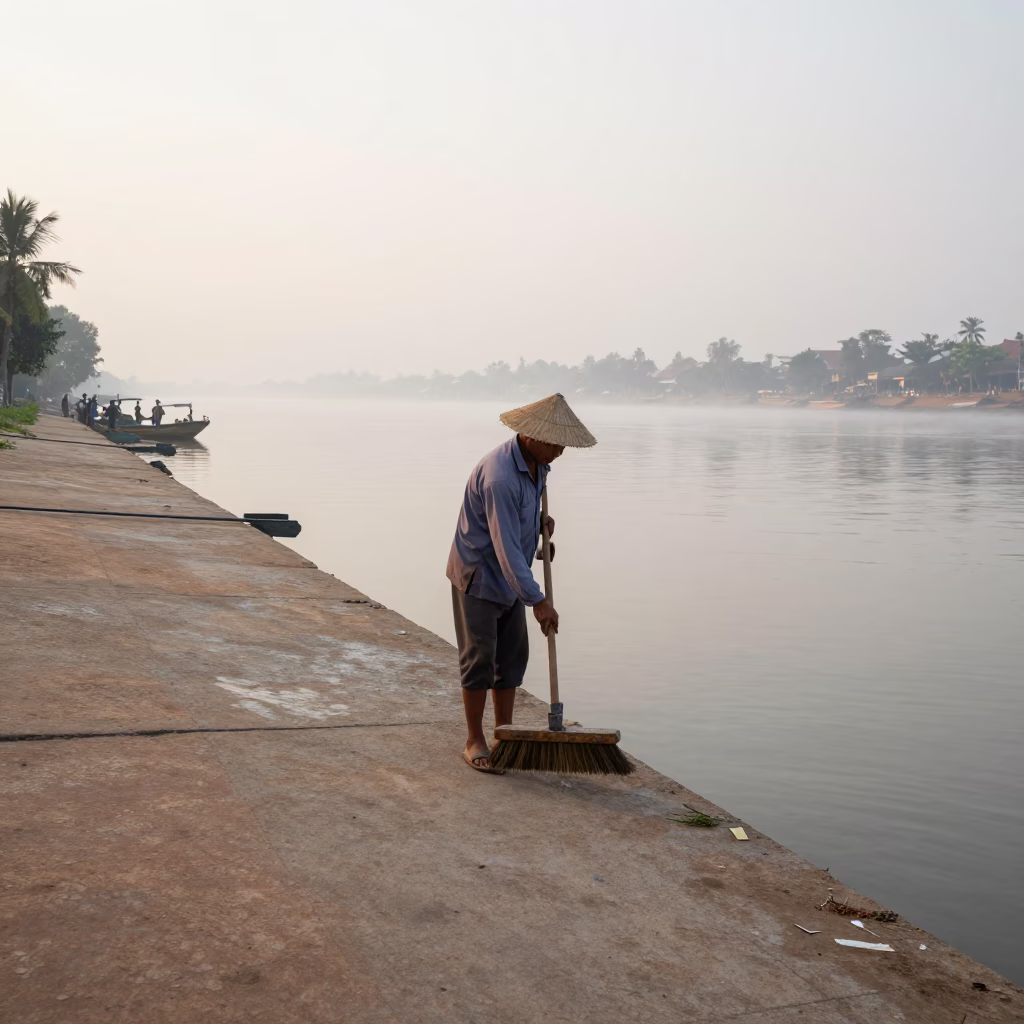 Sweeping Riverbank in Phnom Penh in in Phnom Penh, Cambodia