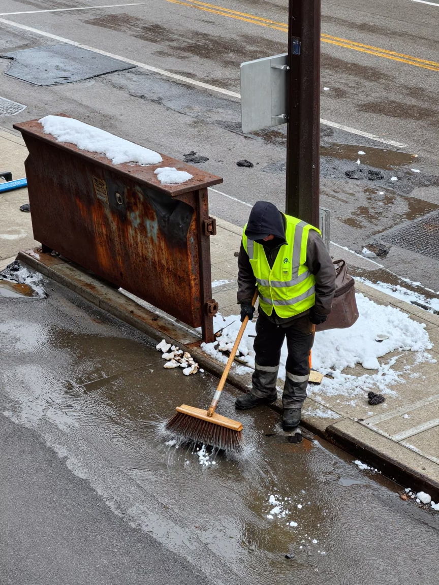 Sweeping Slush in Chicago in in Chicago, Illinois, United States