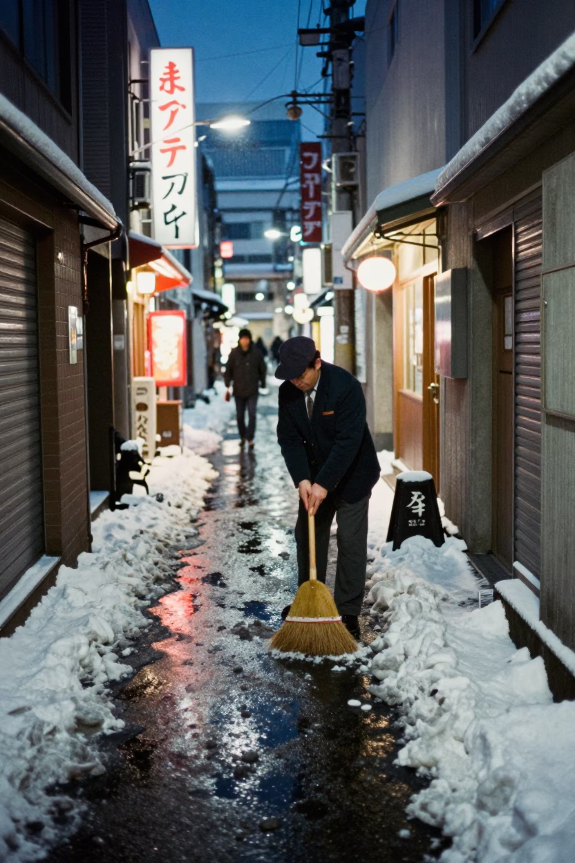 Sweeping Slush in Sapporo in in Sapporo, Japan