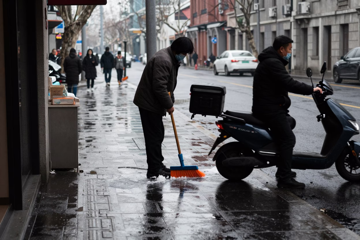 Sweeping Slush in Shanghai in in Shanghai, China