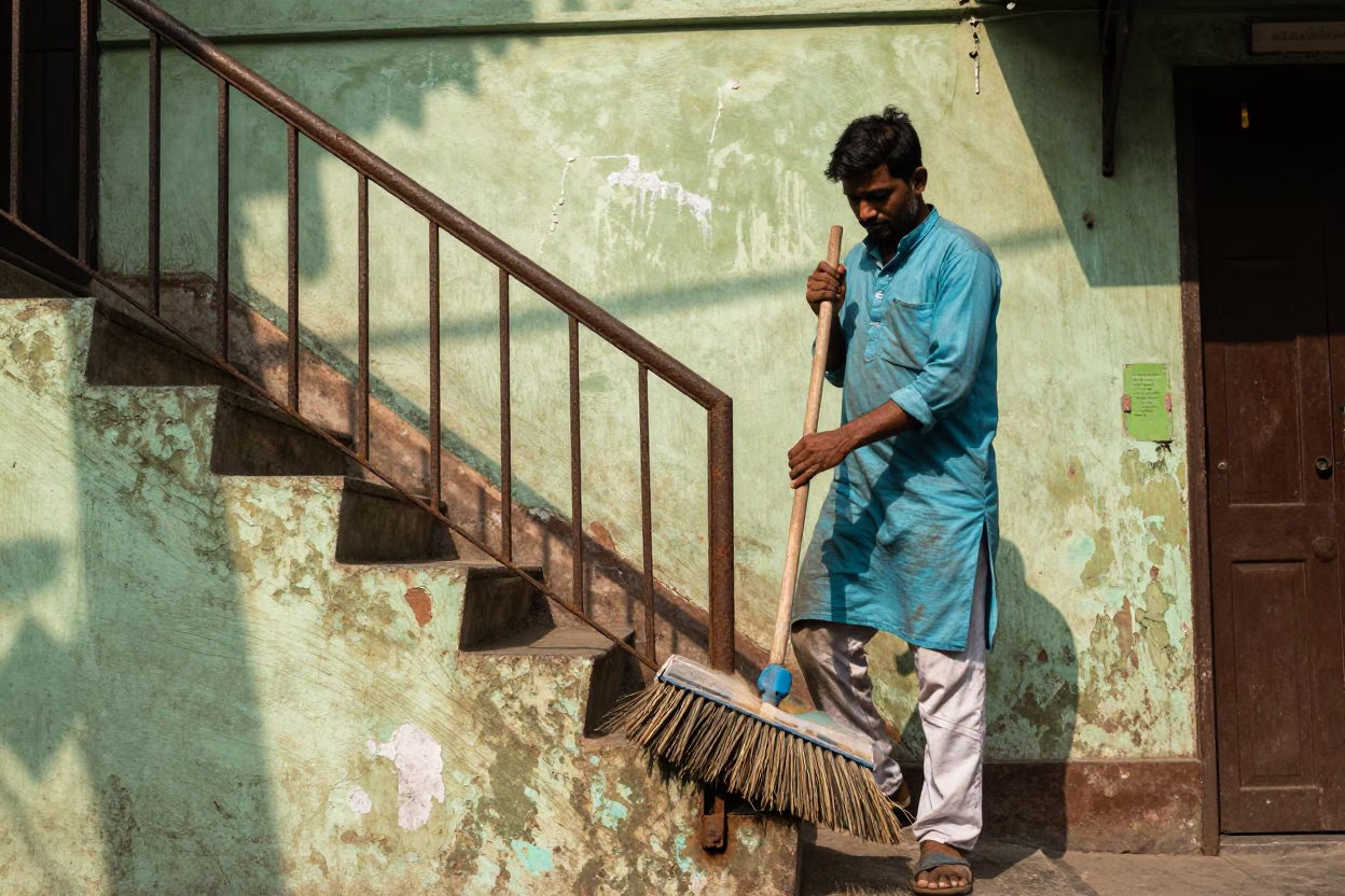 Sweeping Stairwell in Kolkata in in Kolkata, India