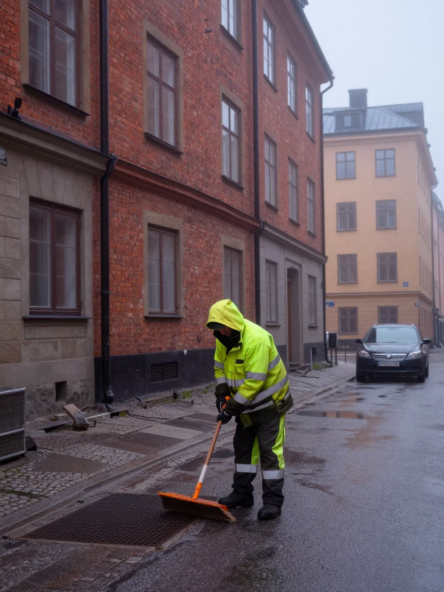 Sweeping Street in Stockholm in in Stockholm, Sweden