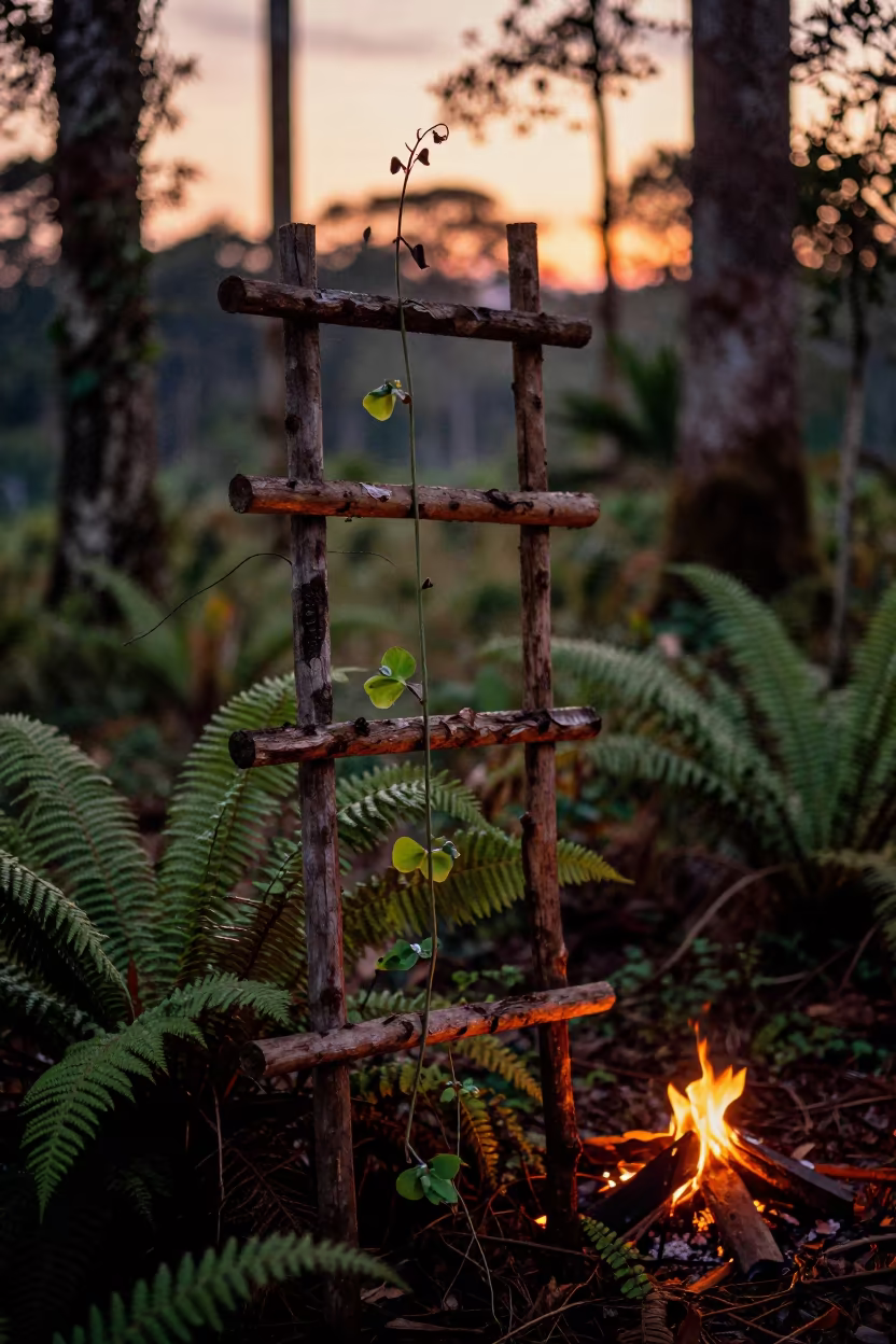 Sweet Pea Climbing Rustic Trellis in Amazon Forest in on a fern-lined forest floor in Amazonas