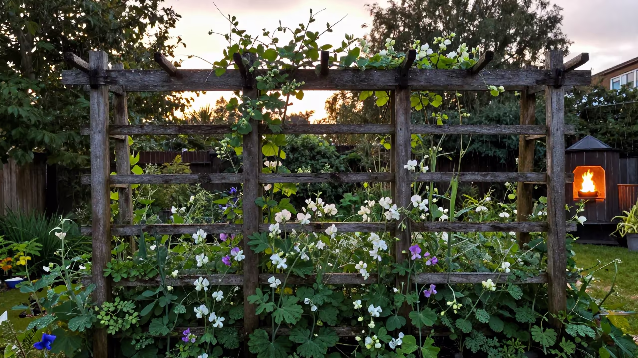 Sweet Pea Climbing Rustic Trellis in London Garden in among terraced garden plots near London